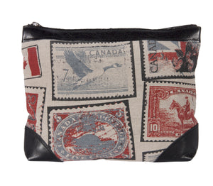 L1020-STMP Style on the Go 11.9"x9.5x2" Vintage Stamp Images printed on a Linen Blend for this Top Zip for Cosmetic and Travel Accessories or Electronic devices, very versatile. Functional interior pockets  part of The Vintage Canadiana Collection