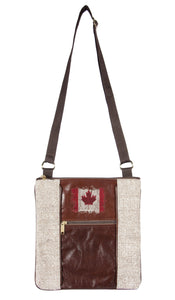 L1030-CANA Medium Crossbody 11"x11.5"x1" w Authentic Leather, The Vintage Canada Flag Image Embroidered Leather, part of the Lady Rosedale Vintage Canadiana Collection