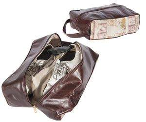 L1035-GOLF Shoe Tote Vintage Golf Images Eco printed on a Linen Poly Blend, Authentic Brown Leather Gusset and Handle, double Zipper. Part of The On the Tee Vintage Golf Collection and Cosmetic and Travel Collection 9"x13"x4.5".