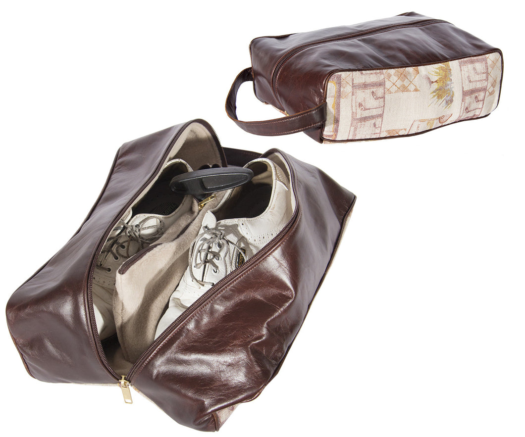 L1035-GOLF Shoe Tote Vintage Golf Images Eco printed on a Linen Poly Blend, Authentic Brown Leather Gusset and Handle, double Zipper. Part of The On the Tee Vintage Golf Collection and Cosmetic and Travel Collection 9
