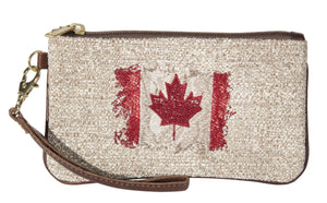 L1042-CANA Vintage Wristlet 5.5"x8"x1" Wrist strap w Snap Hook to allow snapping into a purse or belt loop, interior pocket. The Vintage Canada Flag Image Embroidered, part of the Lady Rosedale Vintage Canadiana Collection