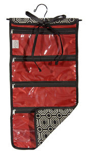 L153-1423 Hanging Cosmetic Bradstreet Ebony, Comes with Metal Hanger, multiple Zippered Pockets, bottom expandable Pocket, Rolls and ties for easy travelling and to keep everything contained. Part of the Cosmetic and Travel Collection 12"x24"