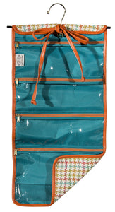 L153-3125 Hanging Cosmetic Chi Chi Coral, Comes with Metal Hanger, multiple Zippered Pockets, bottom expandable Pocket, Rolls and ties for easy travelling and to keep everything contained. Part of the Cosmetic and Travel Collection 12"x24"
