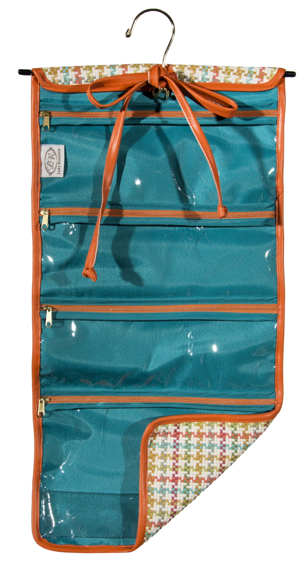 L153-3125 Hanging Cosmetic Chi Chi Coral, Comes with Metal Hanger, multiple Zippered Pockets, bottom expandable Pocket, Rolls and ties for easy travelling and to keep everything contained. Part of the Cosmetic and Travel Collection 12