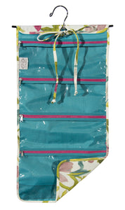 L153-3127 Hanging Cosmetic White Tea, Comes with Metal Hanger, multiple Zippered Pockets, bottom expandable Pocket, Rolls and ties for easy travelling and to keep everything contained. Part of the Cosmetic and Travel Collection 12"x24"