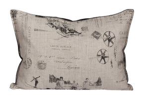 L626-1803 Country Style City Chic Pillow 14"x20" Feather Filled with Zipper Flanged with Scenes D'antan Vintage Skiers on Linen Proudly Manufactured in Canada