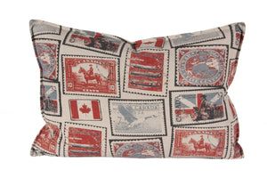 L626-STMP 14"x20" Vintage Stamp Images printed on this Pillow reverse to solid Coordinate with Feather Insert and Flanged edge part of The Vintage Canadiana Collection