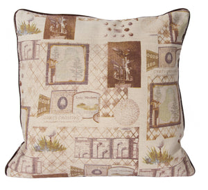 L643-GOLF 20x20" Pillow has Vintage Golf Images Eco printed on a Linen Poly Blend, Faux Leather Flat Piping and Reverse Feather Filled Insert. Part of The On the Tee Vintage Golf Collection