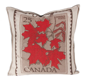 L643-LEAF 20"x20" Canada Leaf Image printed on this Pillow reverse to solid Coordinate with Feather Insert and Flanged edge part of The Vintage Canadiana Collection