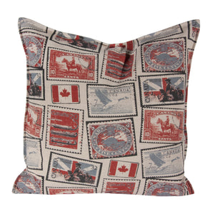 L643-STMP 20"x20" Vintage Stamp Images printed on this Pillow reverse to solid Coordinate with Feather Insert and Flanged edge part of The Vintage Canadiana Collection