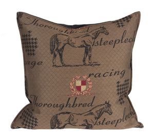 L647-3040 22"x22" Thoroughbred Pillow in a Woven Fabric w Horse and Crest Images, reverse to solid, Feather Insert, zips off for laundering, part of The Unbridled Passion Collection
