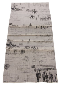 L664R-1803 Country Style City Chic Table Runner 13"x72" with Scenes D'antan Vintage Skiers on a beautiful Nuetral Linen Proudly Manufactured in Canada