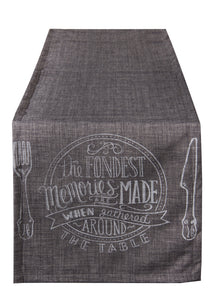 L664R-Fond 16.5"x72" Fondest Memories Printed Chalk White on Grey on this Rectangular Table Runner, both sides, for The Chalkboard Collection