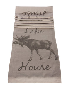 L664R-LHSE 13x72 " Printed Moose Image on a Linen Blend Runner for The Lake House Collection.