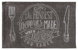 L705-FOND 13"x18" Fondest Memories Placemat Eco friendly Printed Chalk White on Grey, part of the Chalkboard Collection