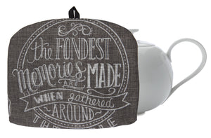 L724-FOND 10"x13" Fondest Memories Chalkboard Tea Cozy Eco Printed and designed in Canada, Chalk Style with on trend part of The Chalkboard Collection comes with a removable Lining