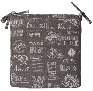 L744-CHALK 18"x18" Chalkboard Seat Cushion Rigid Foam and Fibre Eco Printed and designed in Canada, Chalk Style with on trend Images and Fonts printed on Grey Fabric part of The Chalkboard Collection
