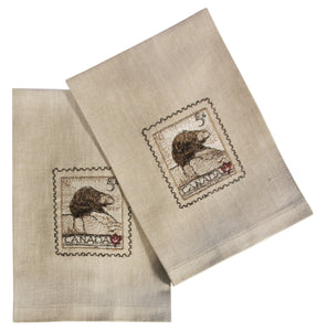 L771-BEAVR 16"x24" Vintage Beaver Stamp Guest towels Set or 2 embroidered, designed by Elizabeth Law, part of The Vintage Canadiana Collection