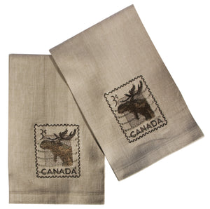 L771-MOOSE 16"x24" Vintage Moose Stamp Guest towels Set or 2 embroidered, designed by Elizabeth Law, part of The Vintage Canadiana Collection