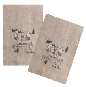 Country Style City Chic Guest Towels 16"x24" Set of 2 with Scenes D'antan Vintage Skiers embroidered on a beautiful Nuetral Linen Proudly Manufactured in Canada