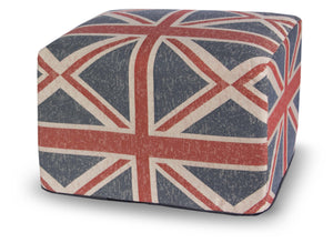 L900-1355 Union Jack Ottoman Firm Poly Foam Insert Cover Zips off for easy Laundering Base made of Durable waterproof , scratch resistant lining 25"x18"x16.5" Part of Home Trends and Comforts Collection