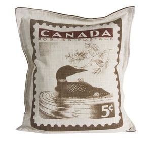 L961-LOON 20"x22" Pillow with Zippered Feather Insert the Loon Stamp printed Image with a Flanged edge part of the Lady Rosedale Vintage Canadiana Collection