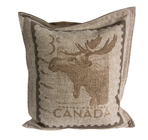 L961-MOOSE 20"x22" Pillow with Zippered Feather Insert the Moose Stamp printed Image with a Flanged edge part of the Lady Rosedale Vintage Canadiana Collection
